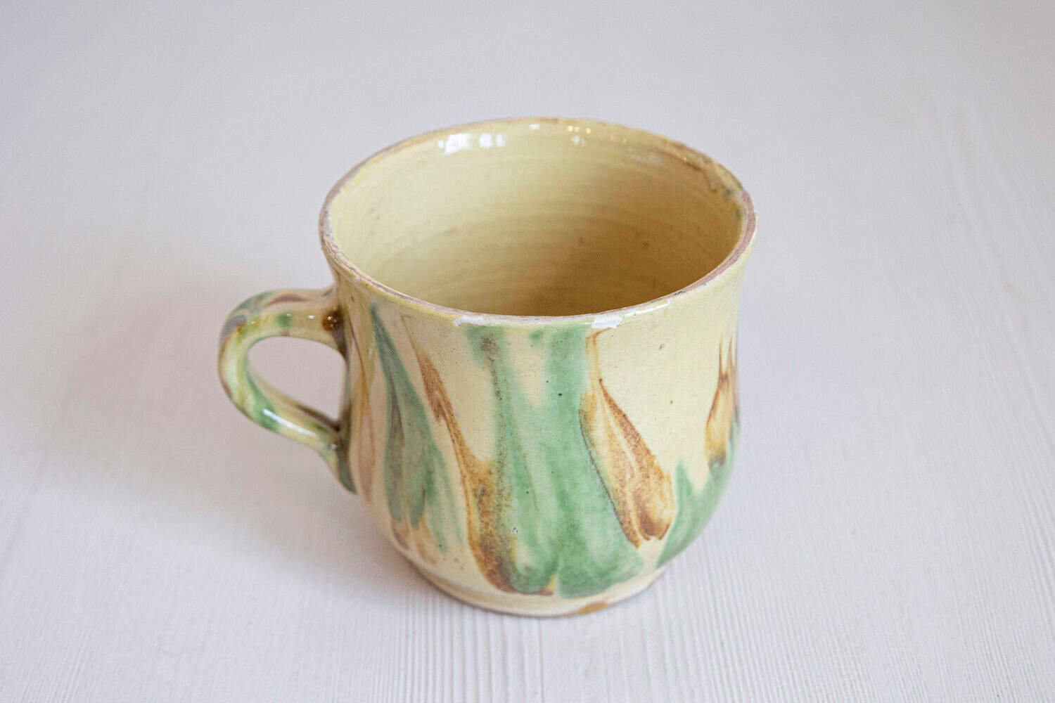 French 19th Century Rustic Pottery Mug with Yellow, Green and Rust Glaze - JAA