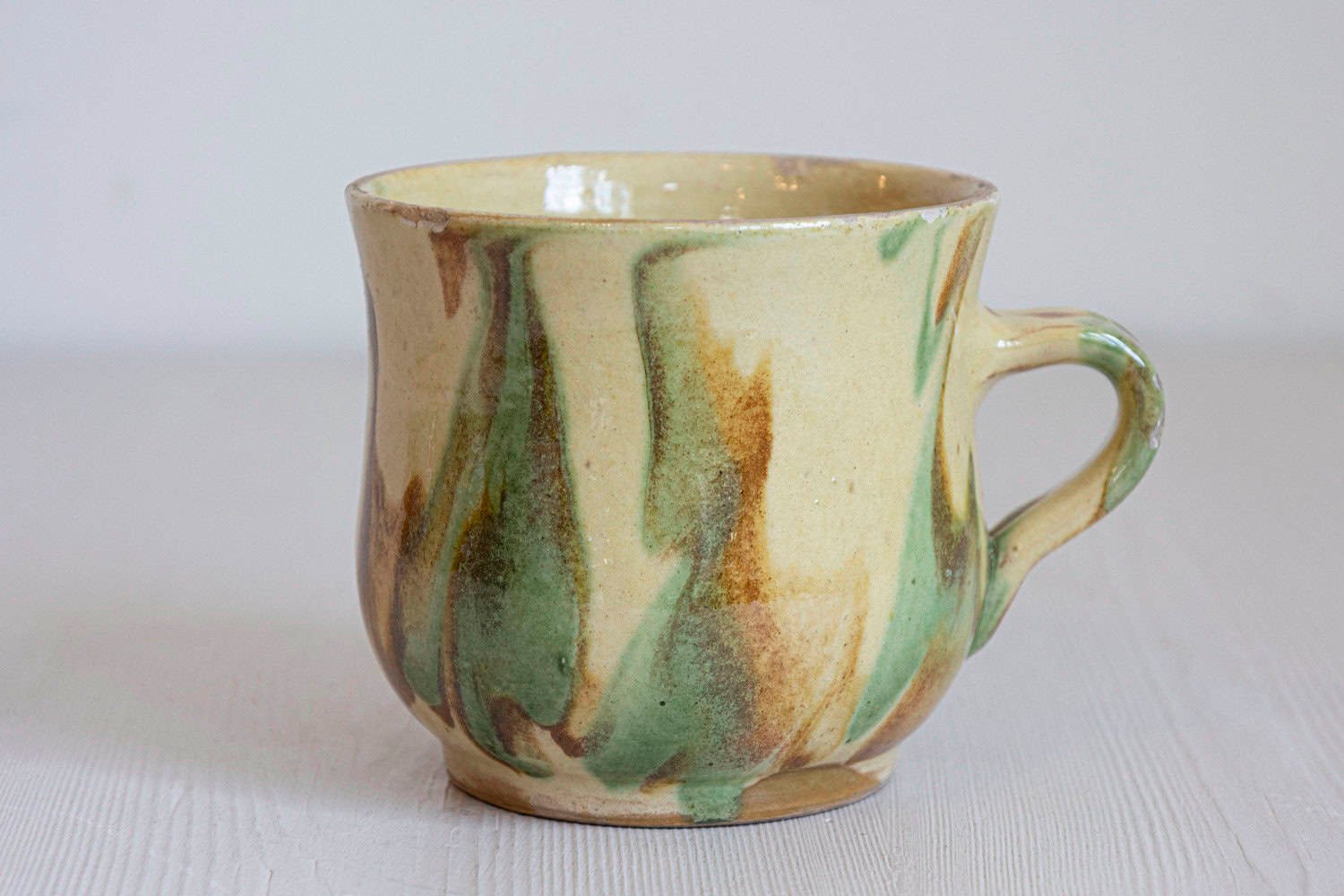 French 19th Century Rustic Pottery Mug with Yellow, Green and Rust Glaze - JAA