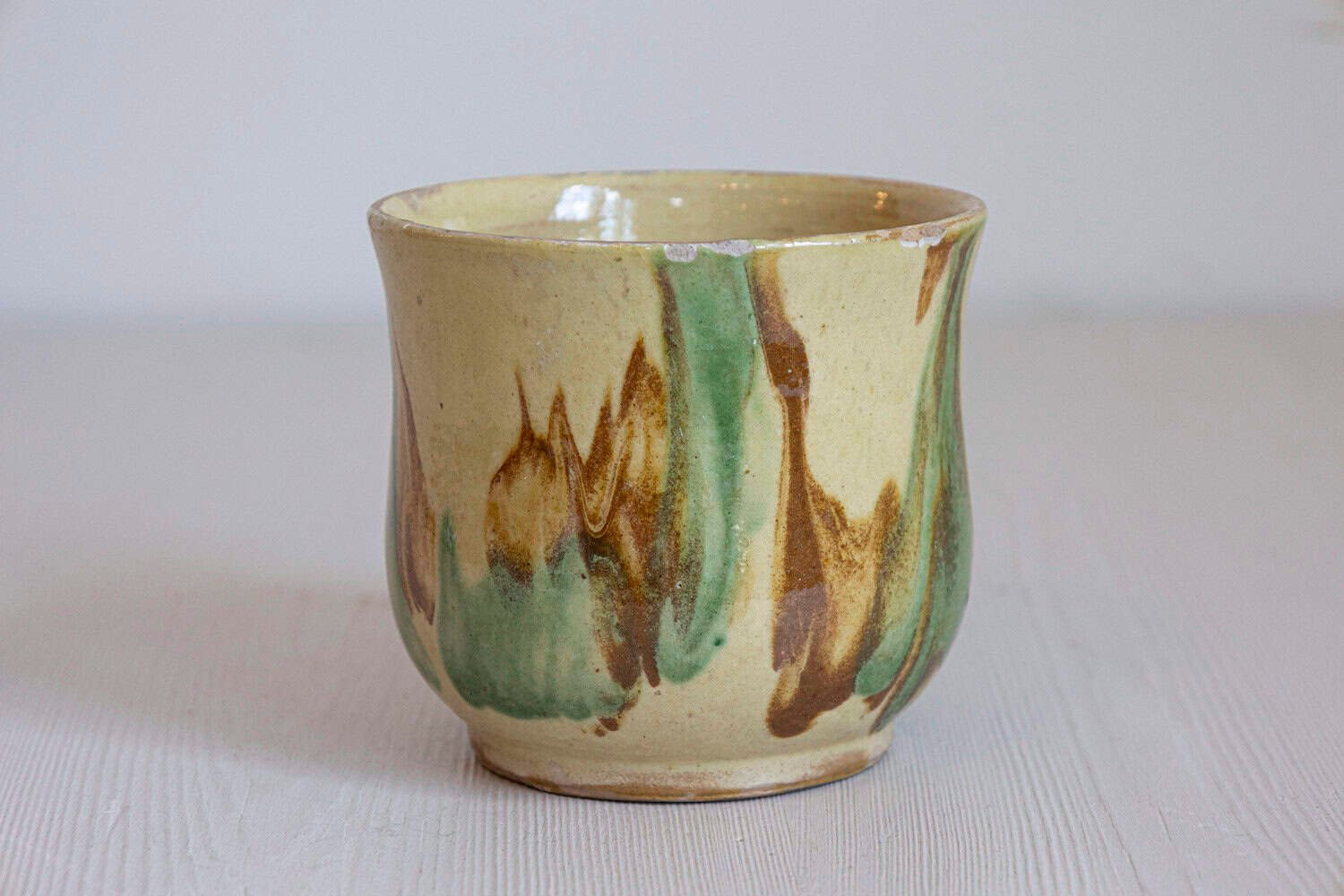 French 19th Century Rustic Pottery Mug with Yellow, Green and Rust Glaze - JAA