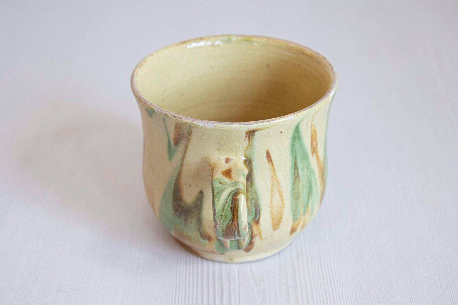 French 19th Century Rustic Pottery Mug with Yellow, Green and Rust Glaze - JAA