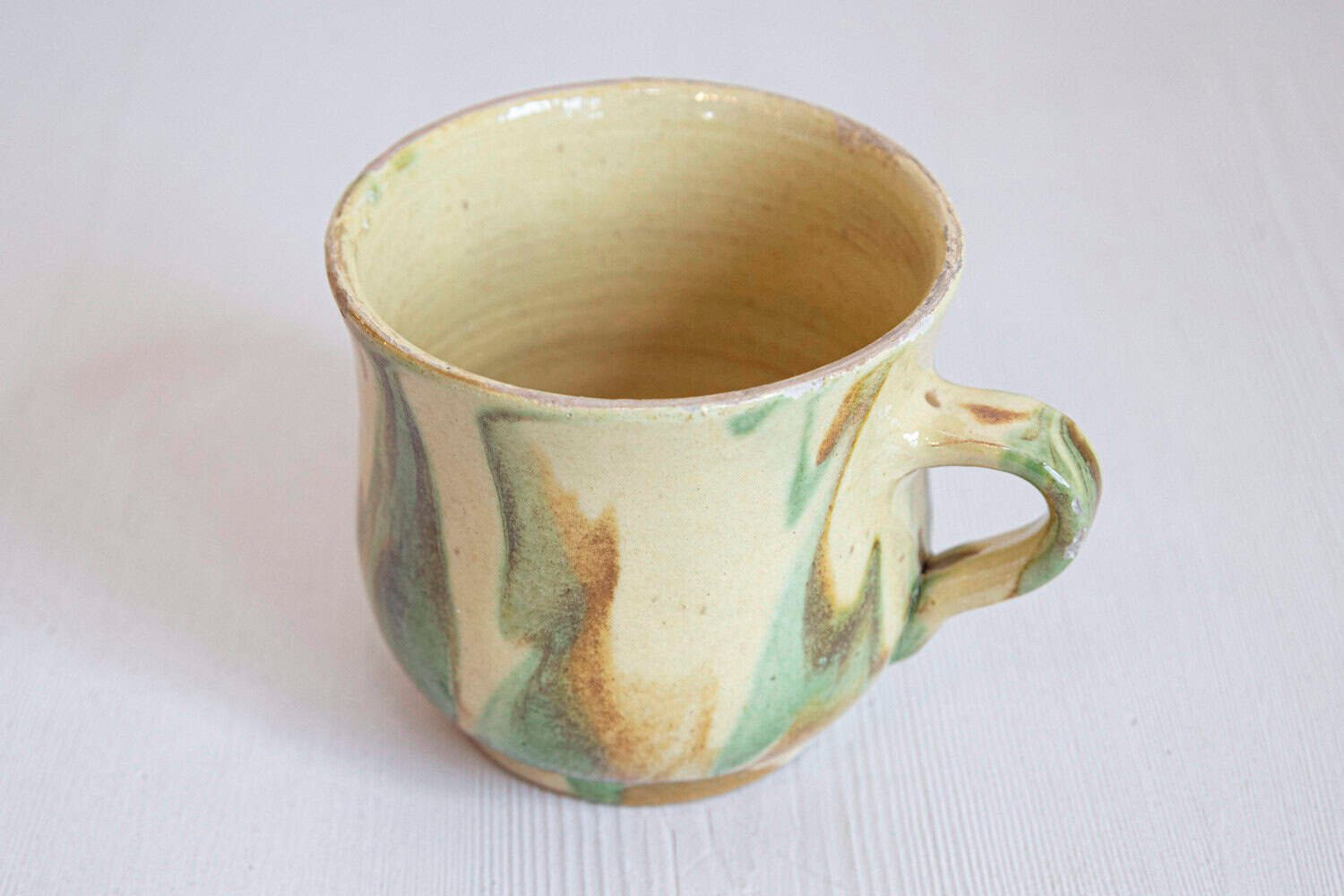 French 19th Century Rustic Pottery Mug with Yellow, Green and Rust Glaze - JAA