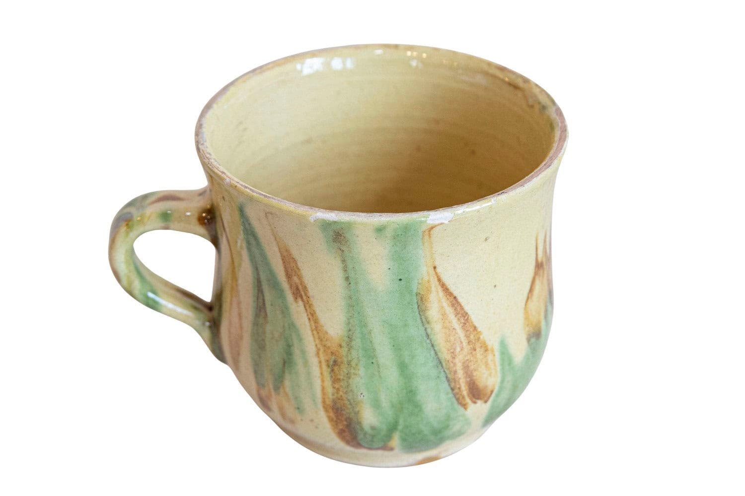French 19th Century Rustic Pottery Mug with Yellow, Green and Rust Glaze - JAA