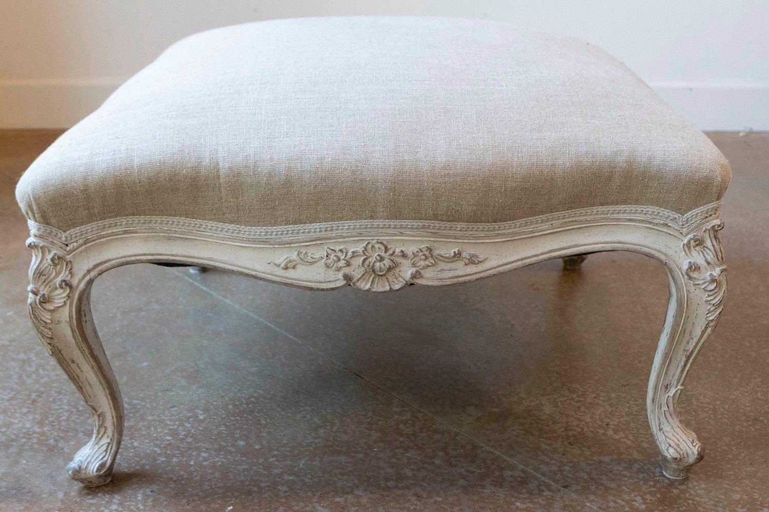 Swedish 19th Century Rococo Style Painted Upholstered Stool with Carved Shells - JAA
