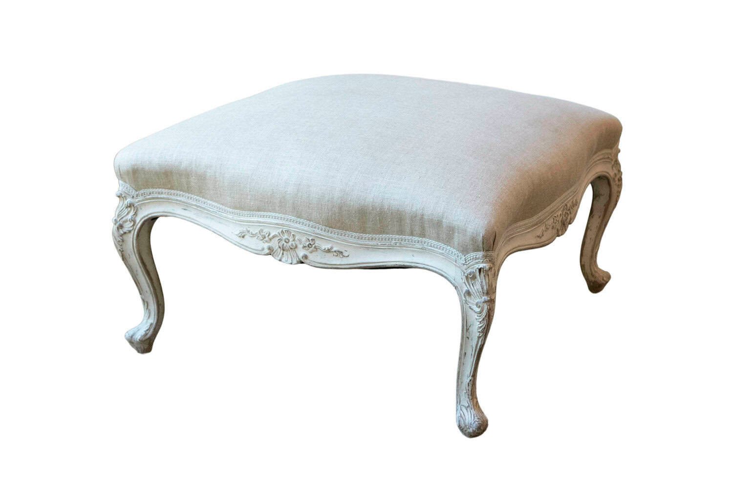 Swedish 19th Century Rococo Style Painted Upholstered Stool with Carved Shells