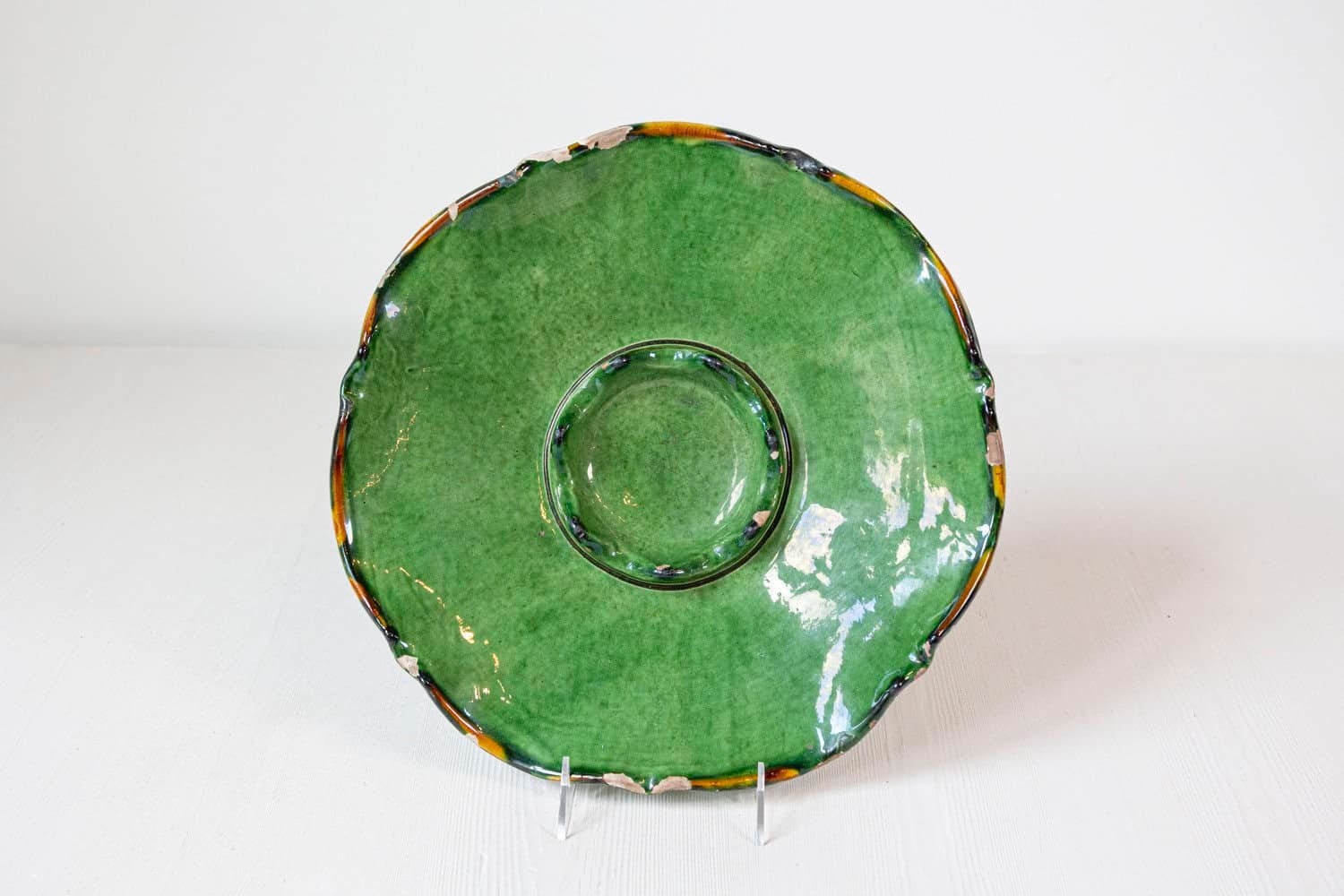 French Provincial 1850s Green Glazed Hors d Ouvres Dish with Scalloped Edges - JAA