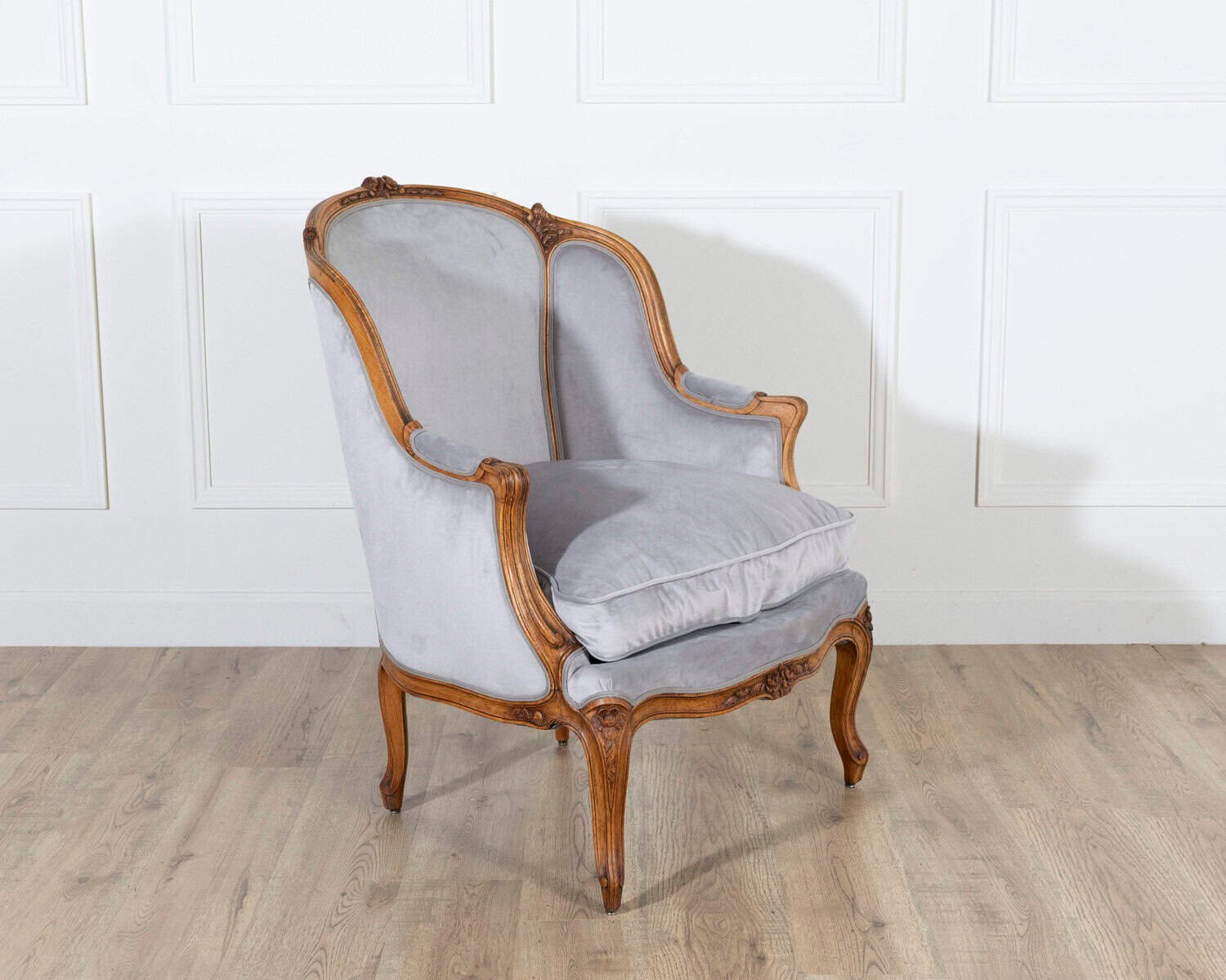 Pair of Louis XV-Style Beech Gondola Armchairs in Gray Velvet, 20th Century - JAA