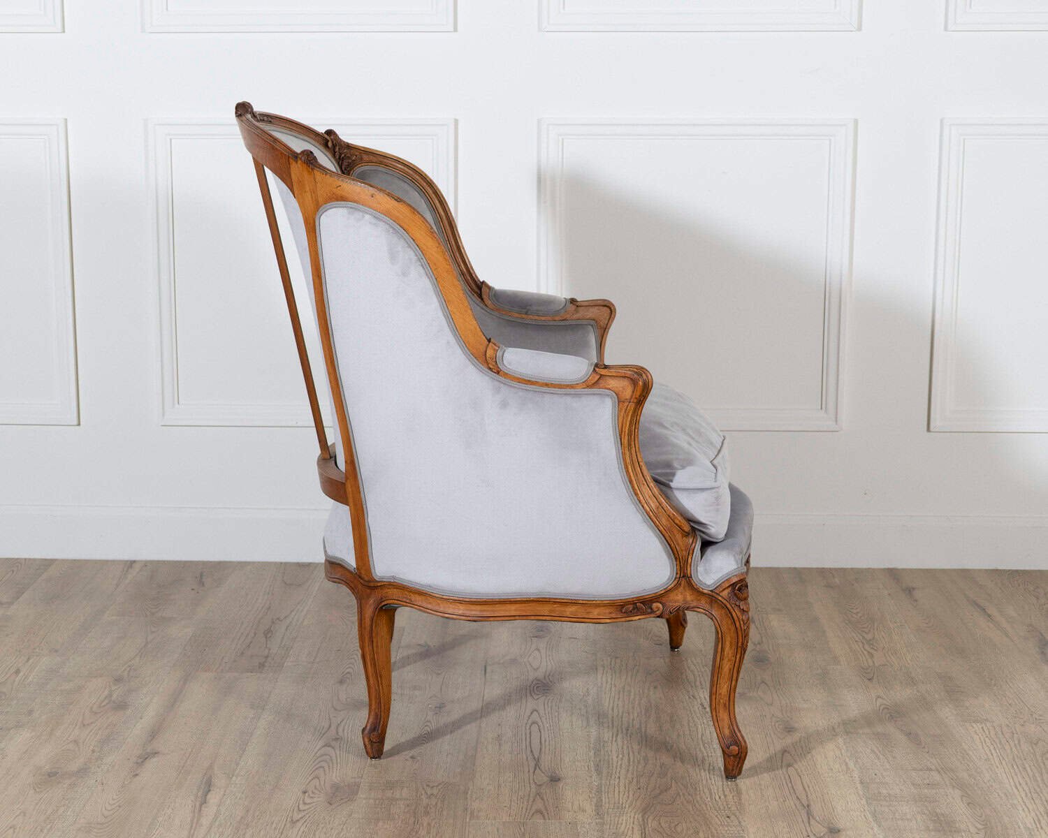 Pair of Louis XV-Style Beech Gondola Armchairs in Gray Velvet, 20th Century - JAA