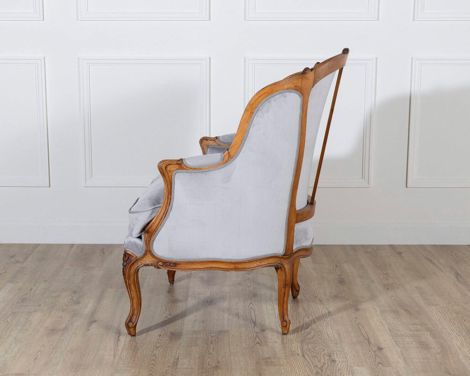 Pair of Louis XV-Style Beech Gondola Armchairs in Gray Velvet, 20th Century - JAA
