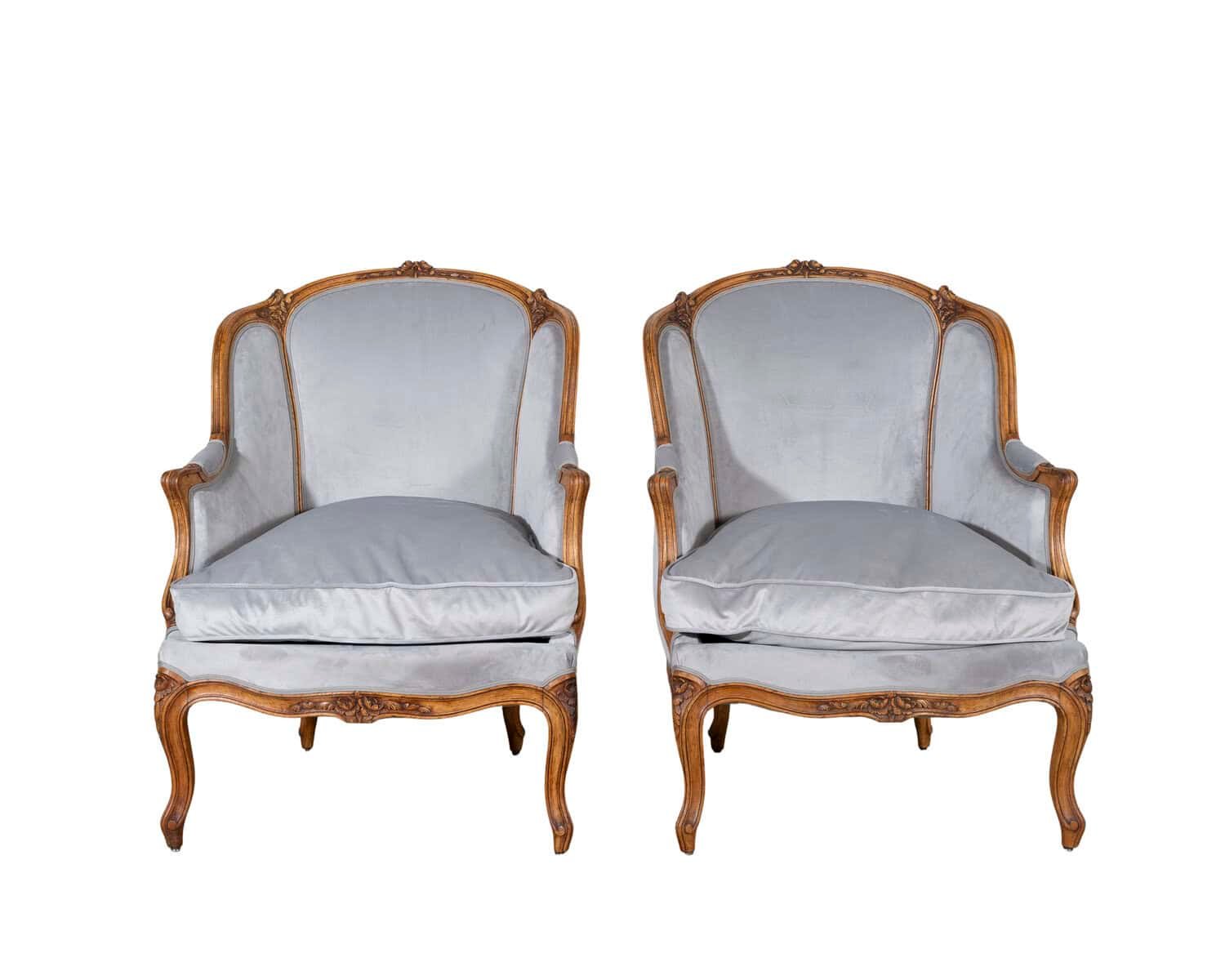 Pair of Louis XV-Style Beech Gondola Armchairs in Gray Velvet, 20th Century