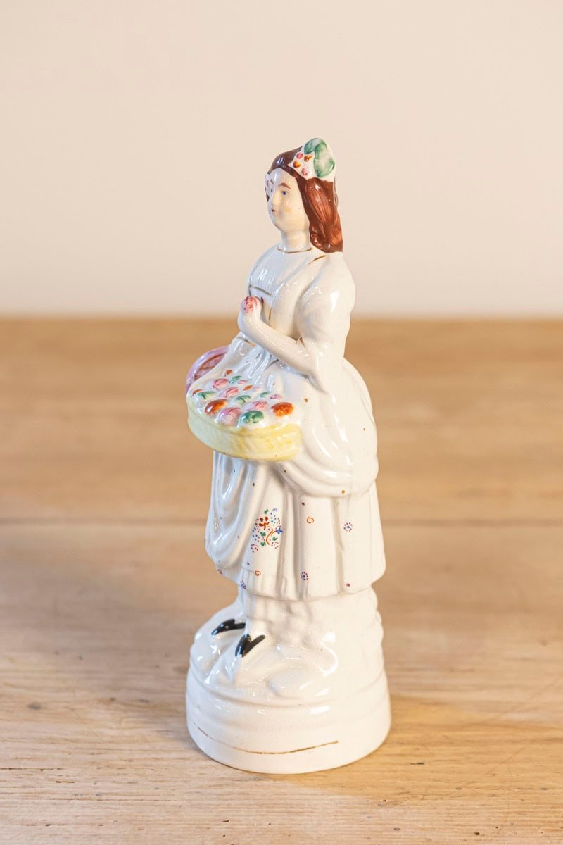 English 20th Century Petite Porcelain Figurine of a Lady with a Floral Basket - JAA
