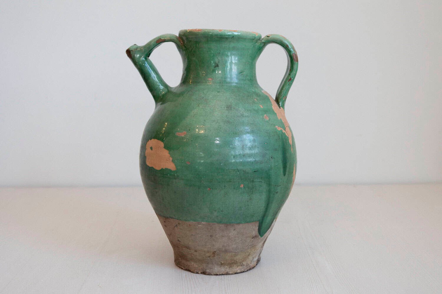 French Provincial 19th Century Distressed Green Glazed Pottery Jug with Spout - JAA