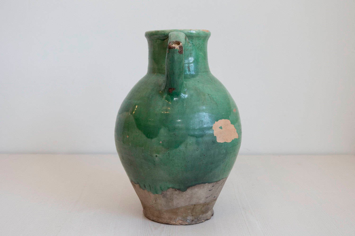 French Provincial 19th Century Distressed Green Glazed Pottery Jug with Spout - JAA
