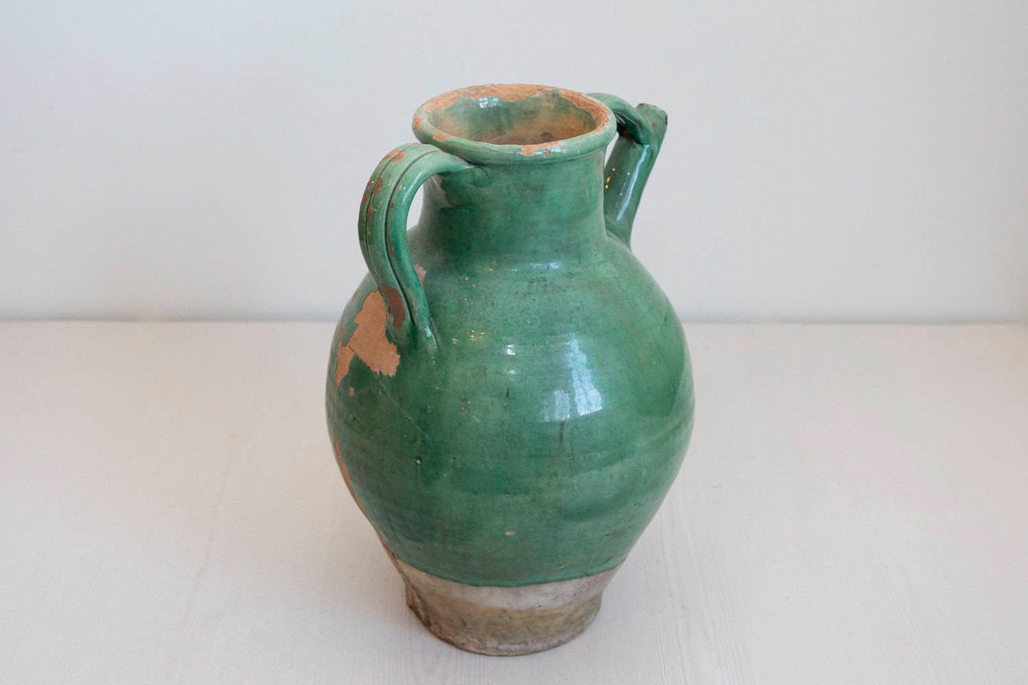 French Provincial 19th Century Distressed Green Glazed Pottery Jug with Spout - JAA