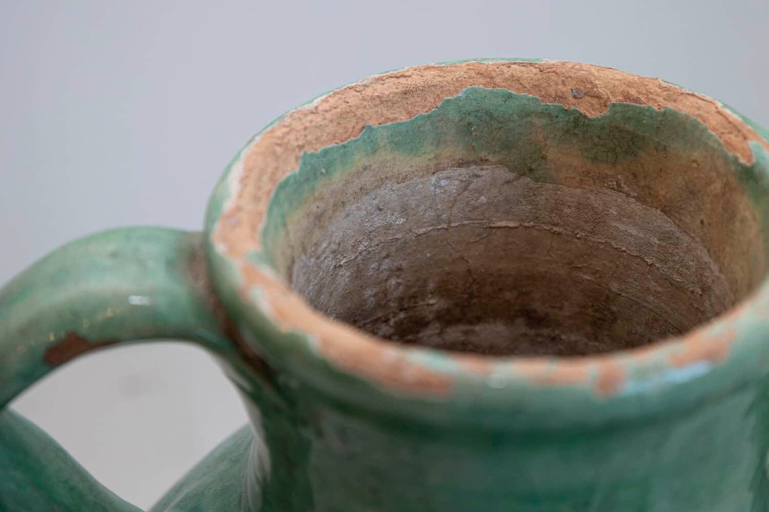 French Provincial 19th Century Distressed Green Glazed Pottery Jug with Spout - JAA