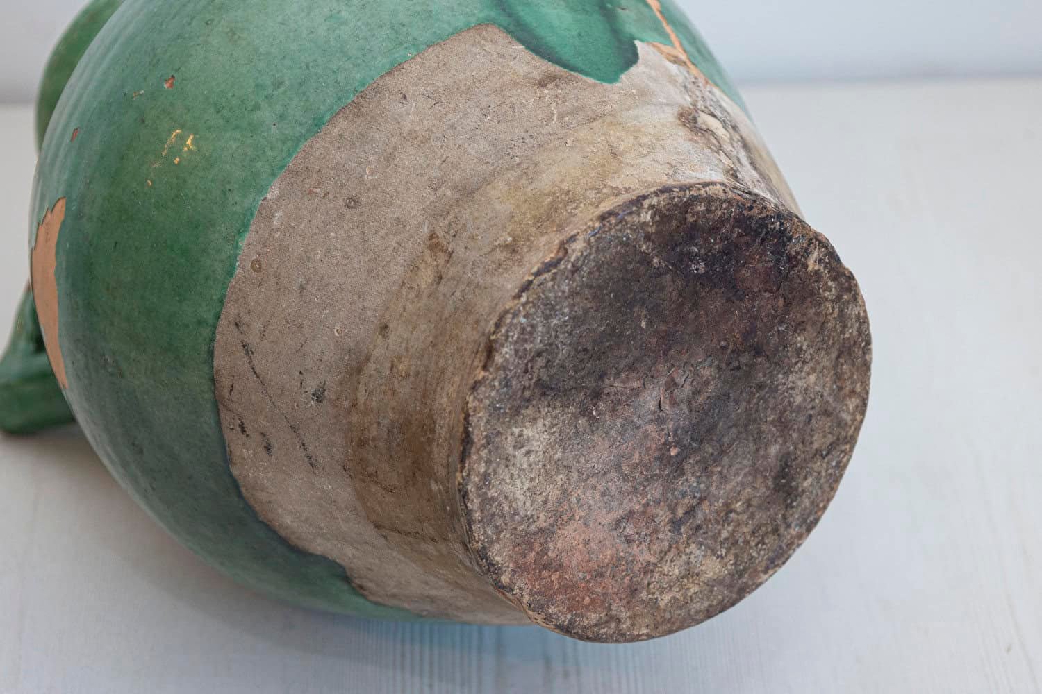 French Provincial 19th Century Distressed Green Glazed Pottery Jug with Spout - JAA