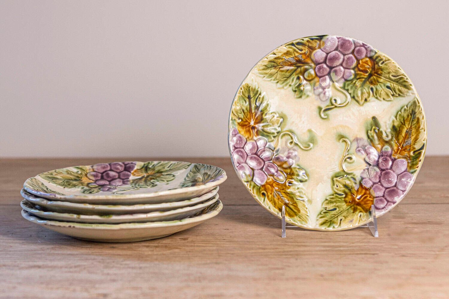 French 19th Century Majolica Grape Plates with Their Leaves - JAA