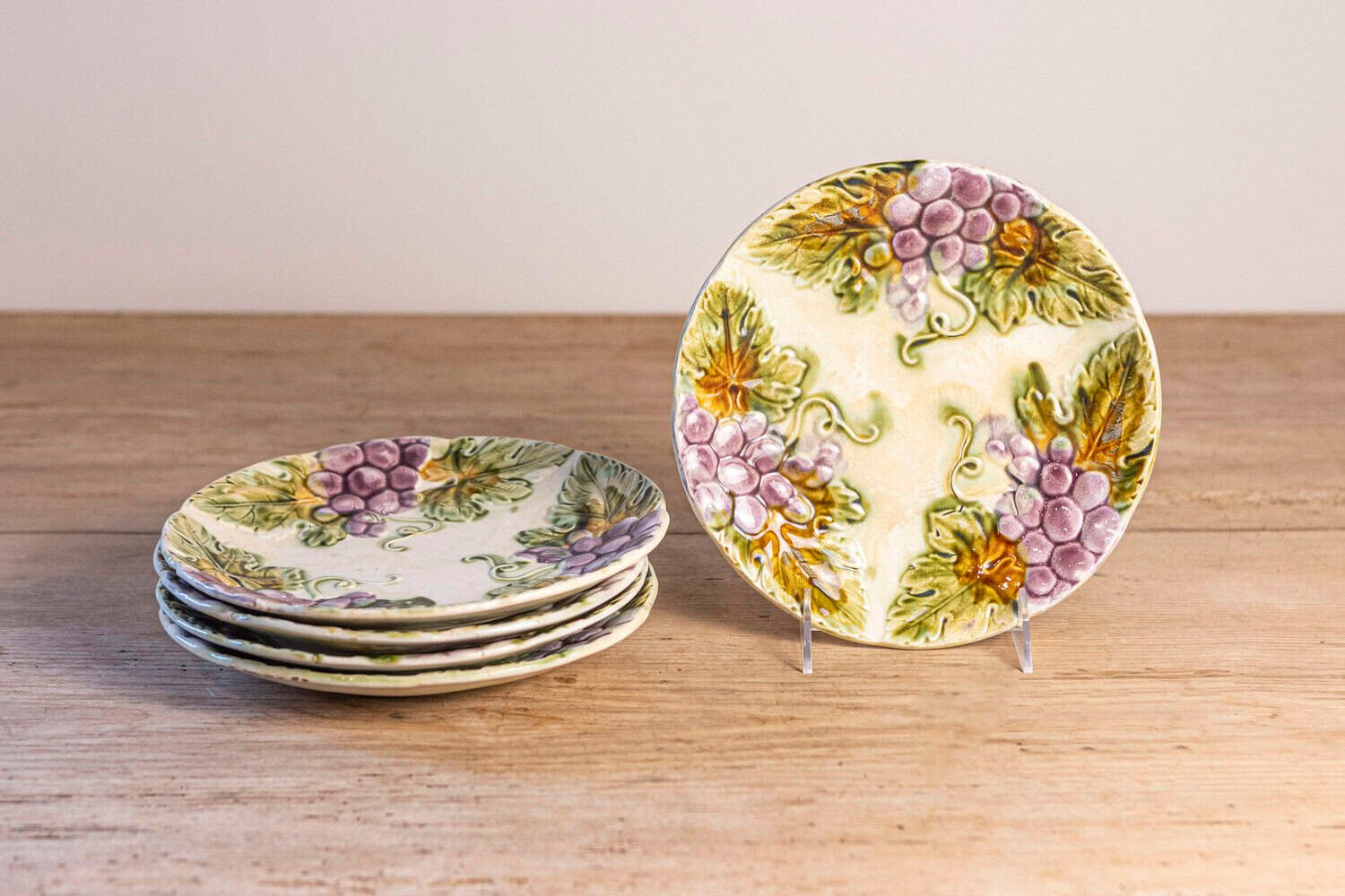 French 19th Century Majolica Grape Plates with Their Leaves - JAA