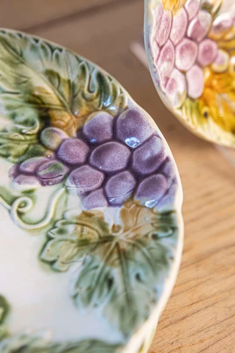 French 19th Century Majolica Grape Plates with Their Leaves - JAA