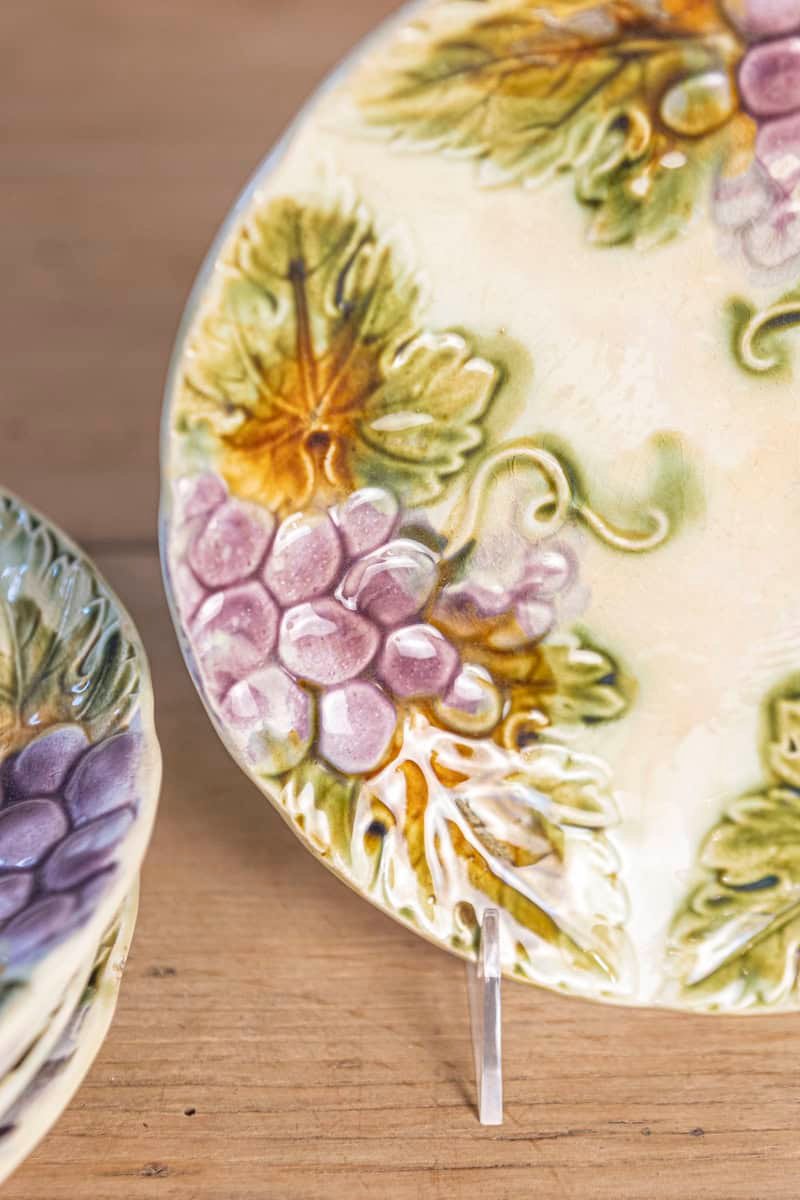 French 19th Century Majolica Grape Plates with Their Leaves - JAA
