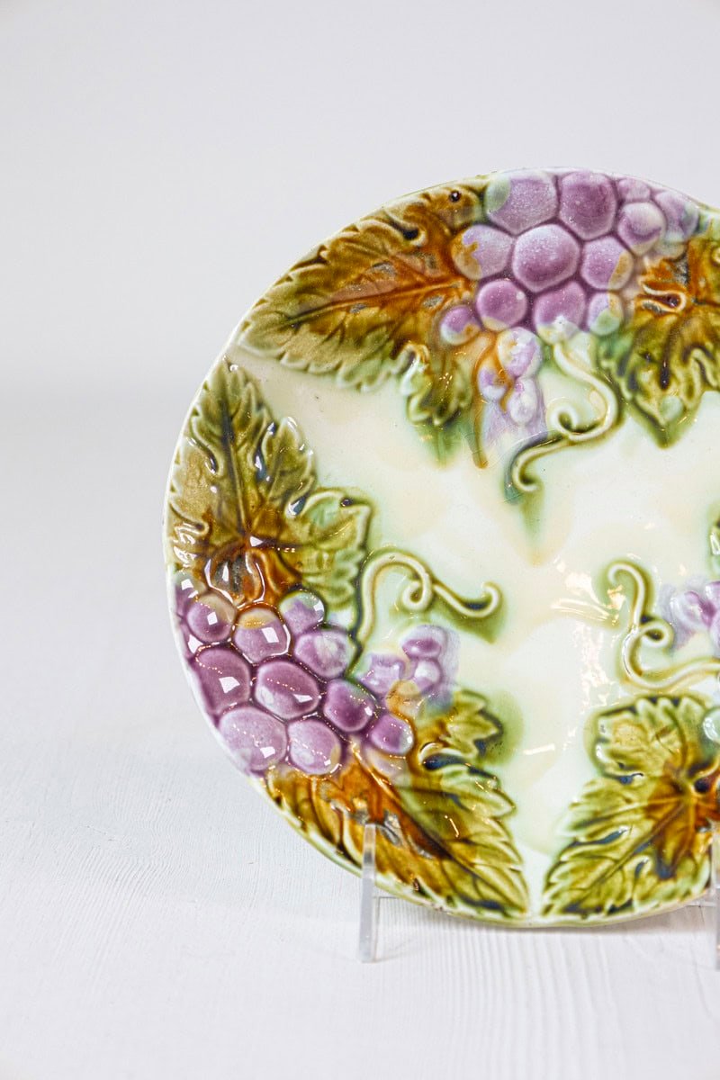 French 19th Century Majolica Grape Plates with Their Leaves - JAA