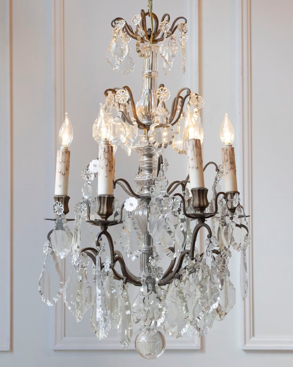 French 19th Century Six-Light Crystal Chandelier with Pendeloques and Rosettes - JAA