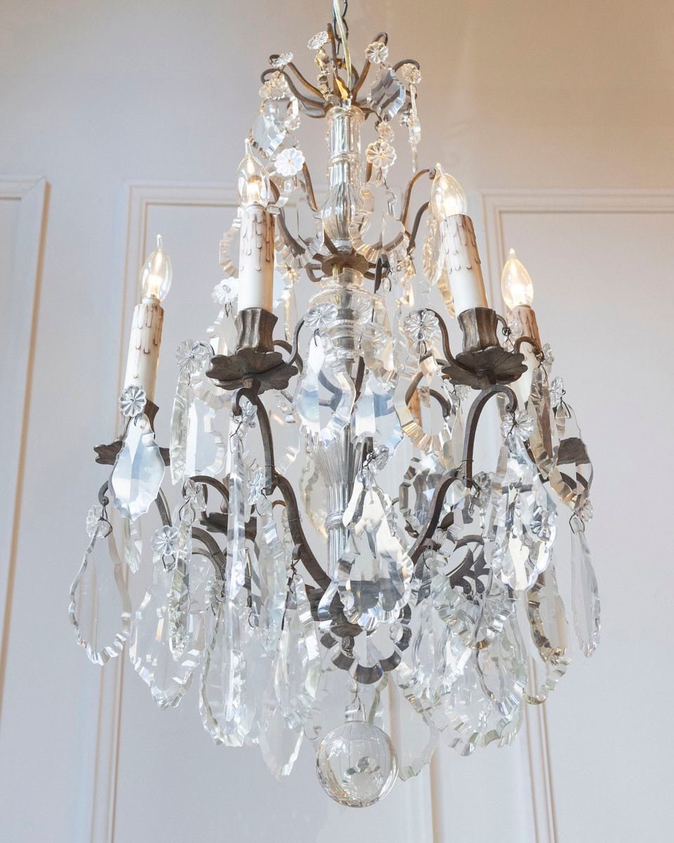 French 19th Century Six-Light Crystal Chandelier with Pendeloques and Rosettes - JAA