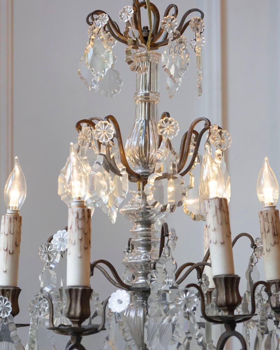 French 19th Century Six-Light Crystal Chandelier with Pendeloques and Rosettes - JAA