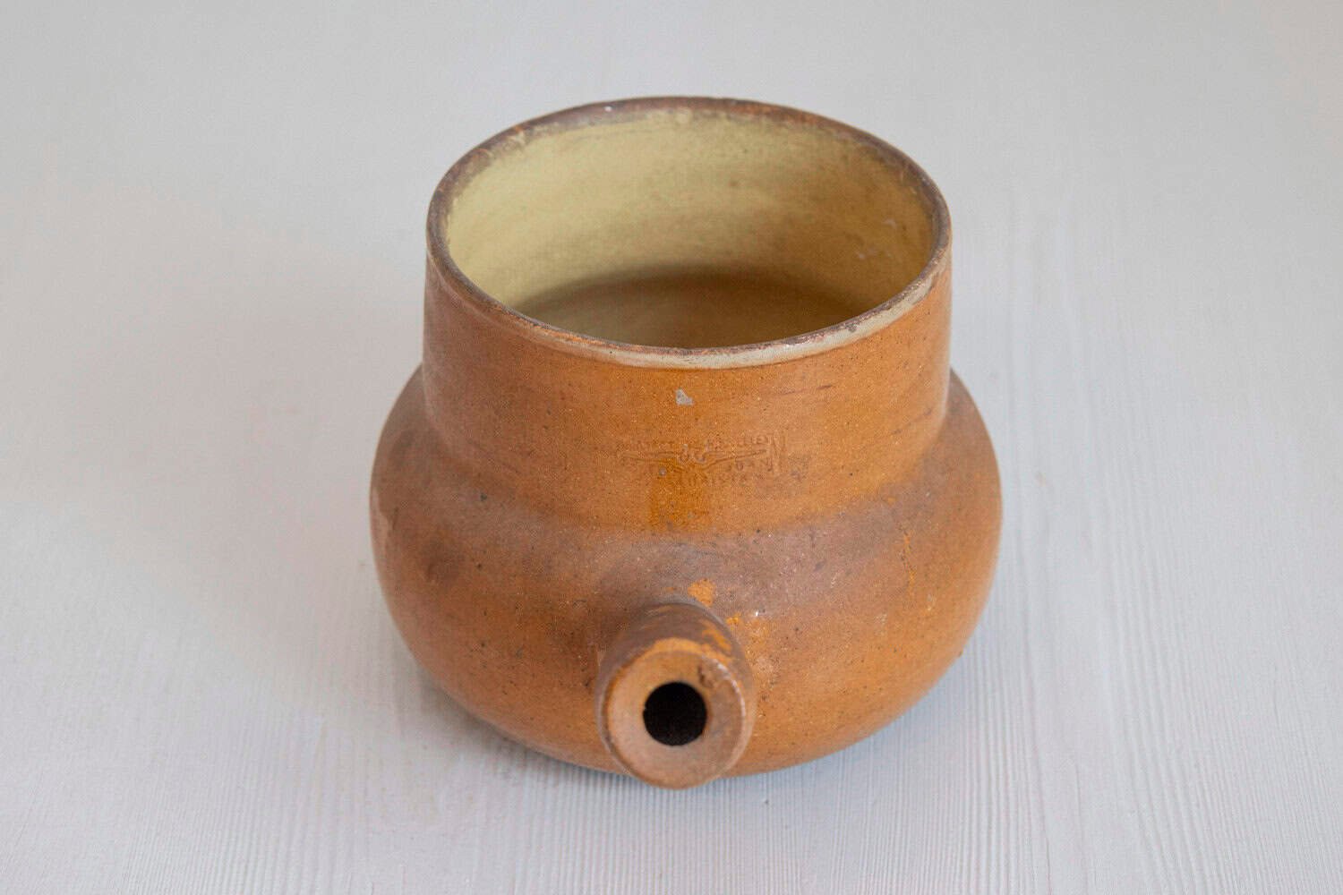 French 19th Century Rustic Pottery Pot with Brown Glaze and Straight Handle - JAA