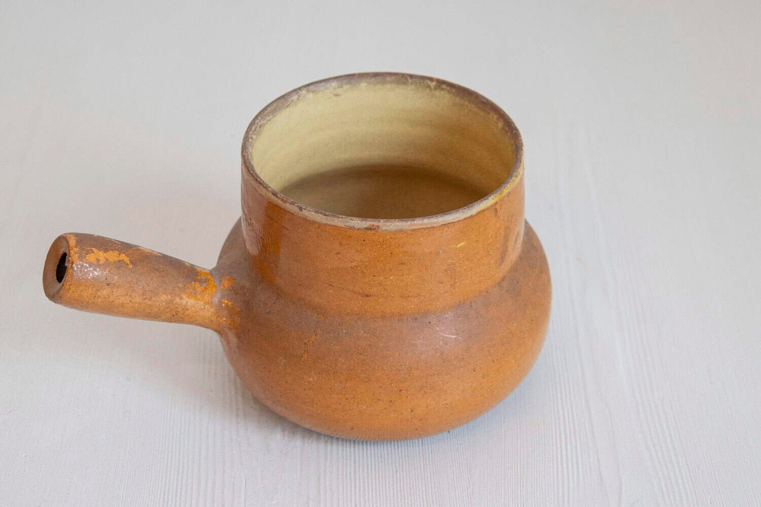French 19th Century Rustic Pottery Pot with Brown Glaze and Straight Handle - JAA