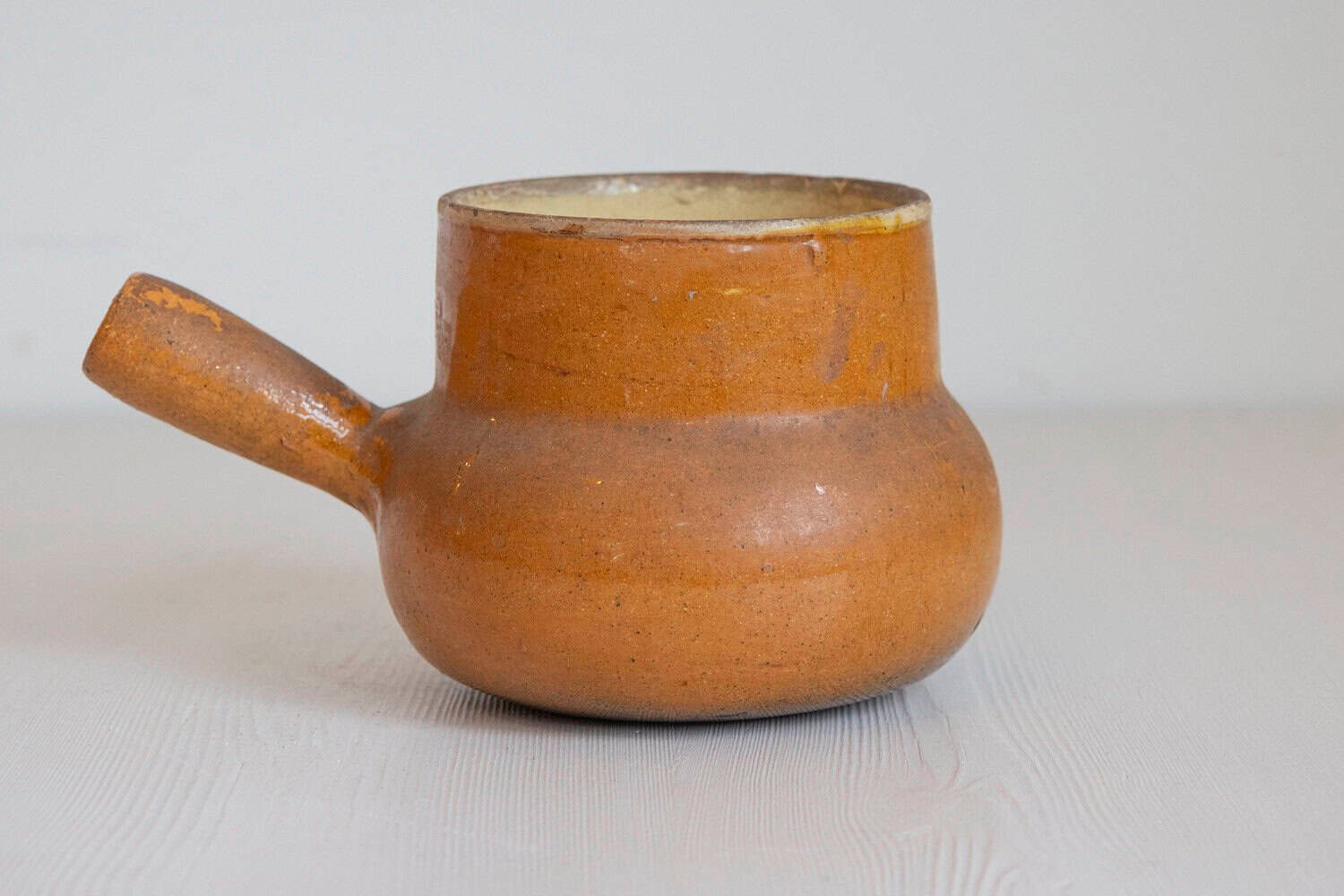 French 19th Century Rustic Pottery Pot with Brown Glaze and Straight Handle - JAA