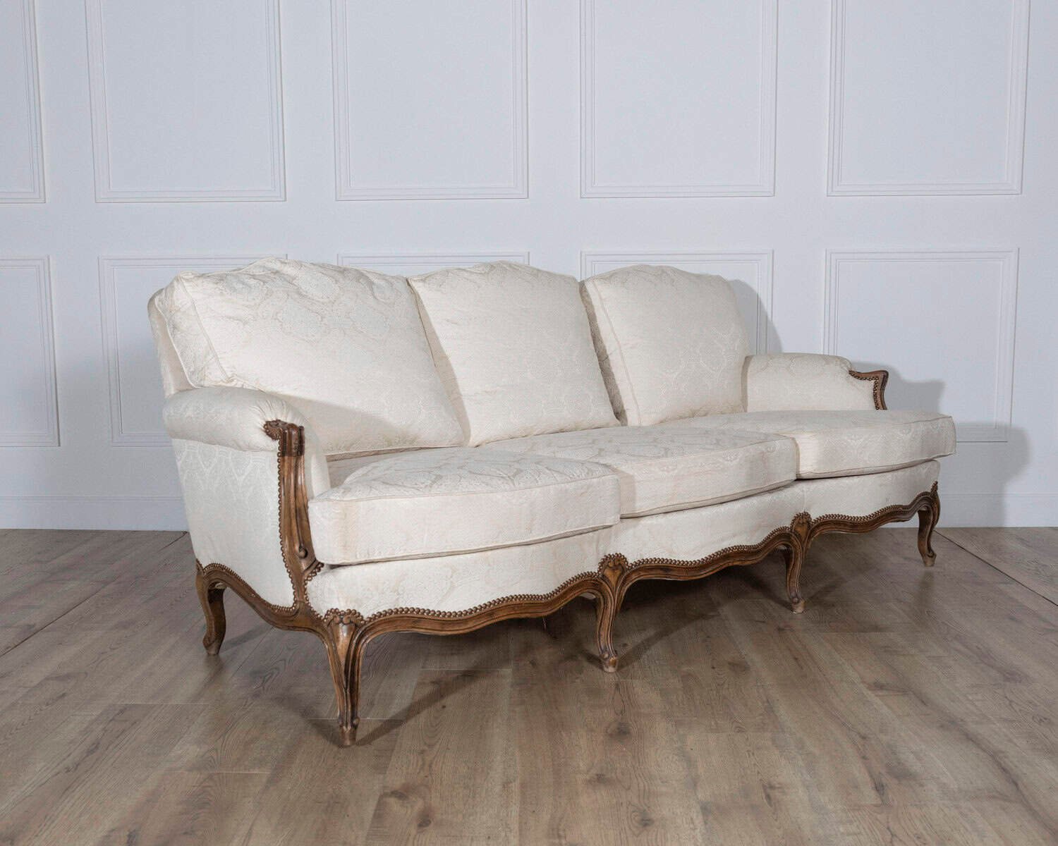 Louis XV Style Carved Walnut Sofa with Cream Damask Upholstery - JAA
