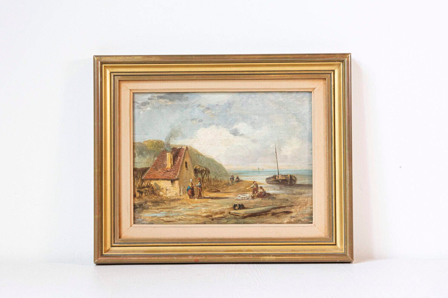 French 19th Century Framed Oil On Panel Painting Depicting a Village by the Sea - JAA