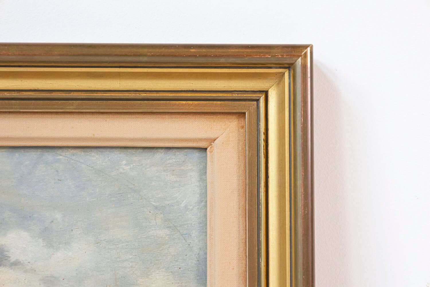 French 19th Century Framed Oil On Panel Painting Depicting a Village by the Sea - JAA