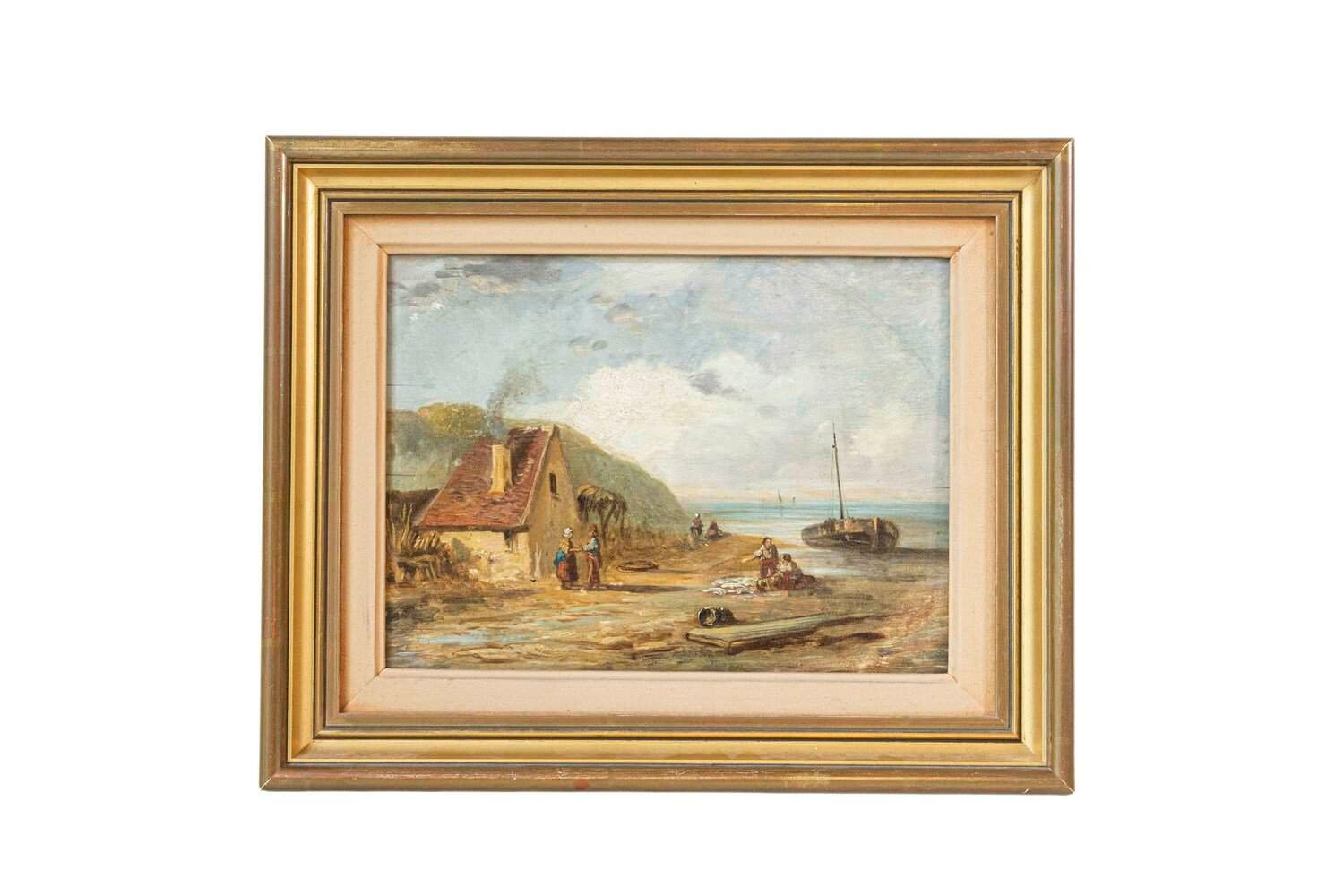French 19th Century Framed Oil On Panel Painting Depicting a Village by the Sea - JAA