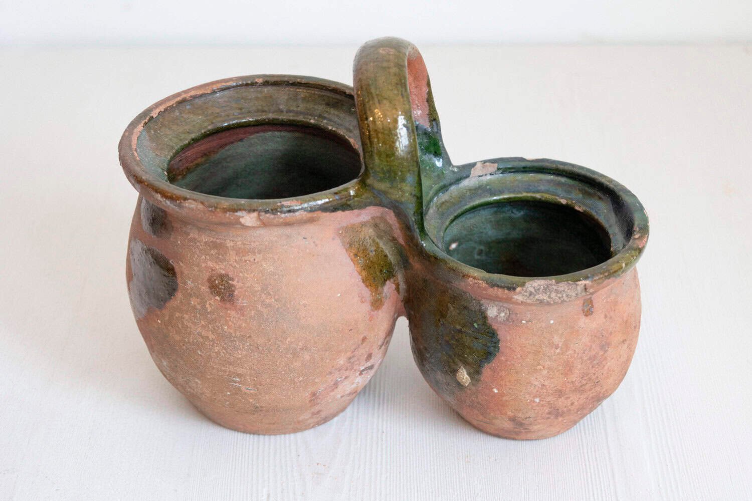 French 19th Century Green Glazed Shepherd's Lunch Holder with Bowls and Handle - JAA