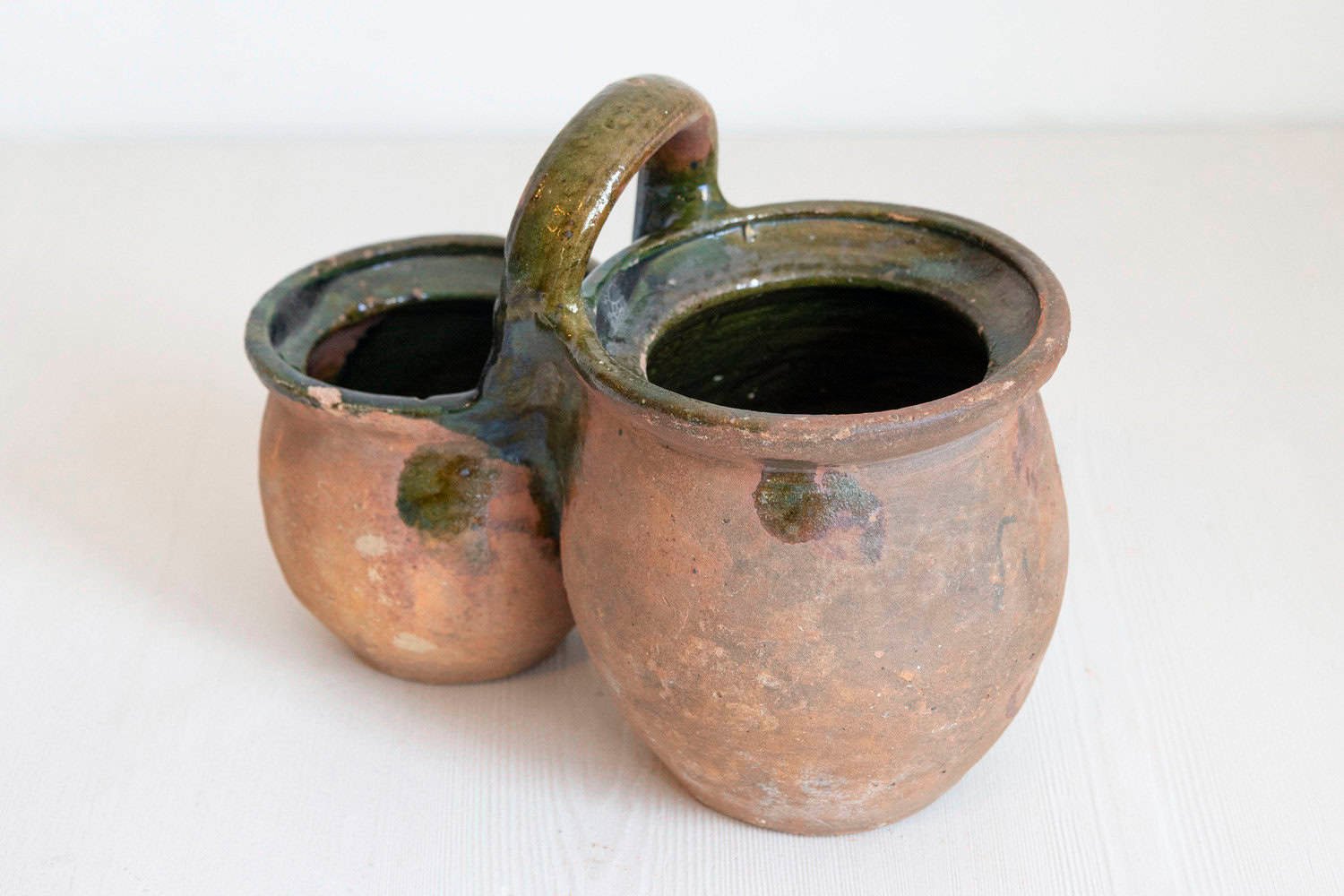 French 19th Century Green Glazed Shepherd's Lunch Holder with Bowls and Handle - JAA