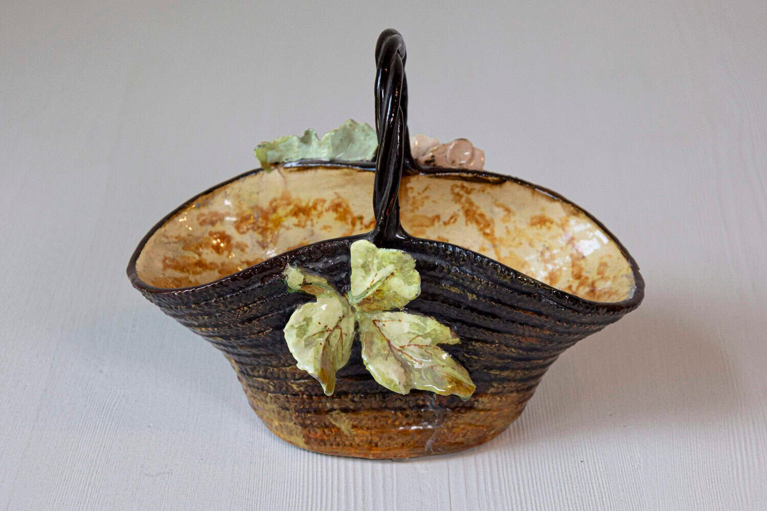 French 19th Century Ecole de Fontainebleau Barbotine Jardinière Basket with Floral Décor - JAA
