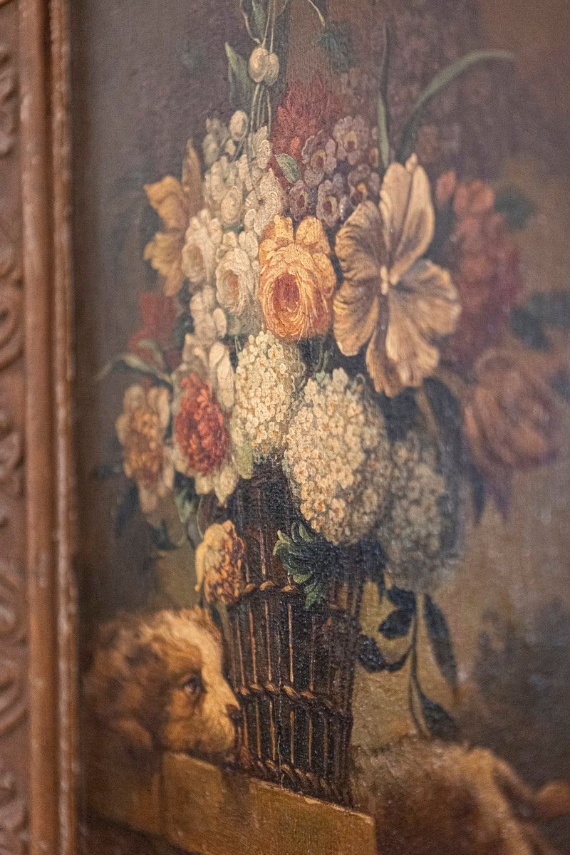 French 19th Century Framed Still-life Floral Painting with Dog and Rabbit Motifs - JAA