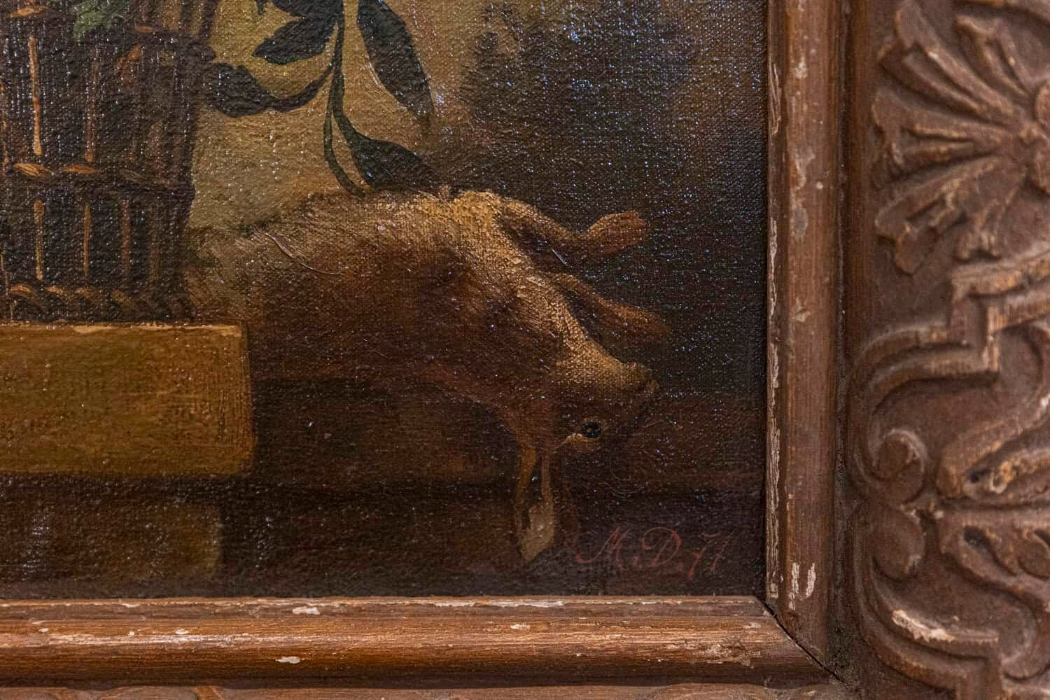 French 19th Century Framed Still-life Floral Painting with Dog and Rabbit Motifs - JAA