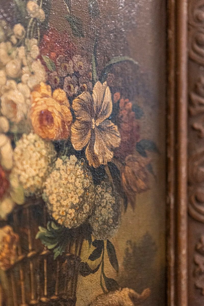 French 19th Century Framed Still-life Floral Painting with Dog and Rabbit Motifs - JAA