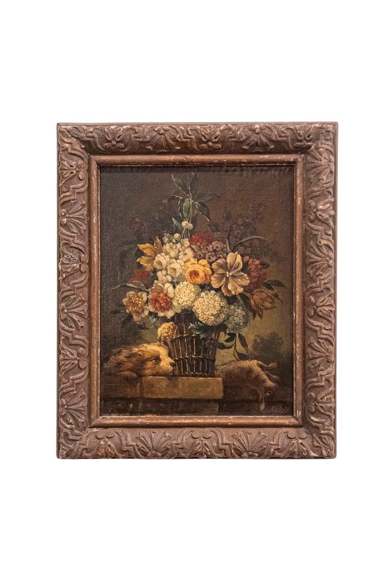French 19th Century Framed Still-life Floral Painting with Dog and Rabbit Motifs - JAA