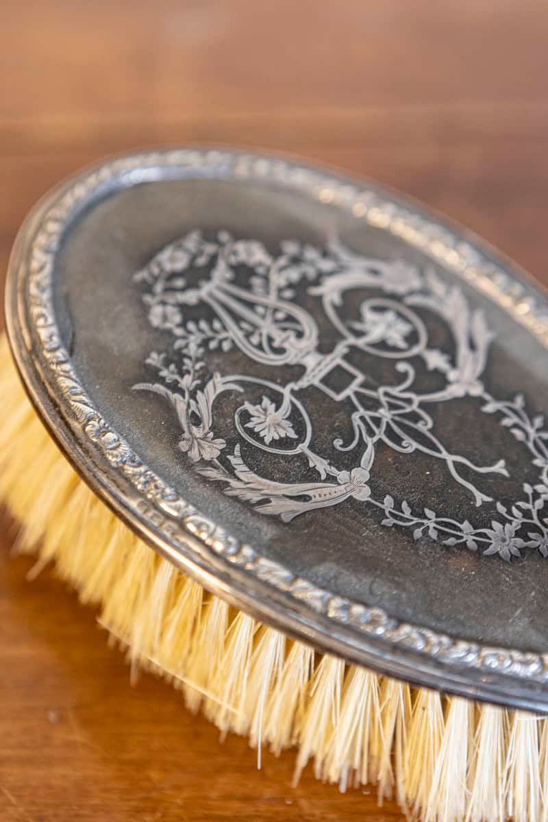 English 19th Century Silver Dressing Table Brush with Lyre and Floral Arabesques - JAA