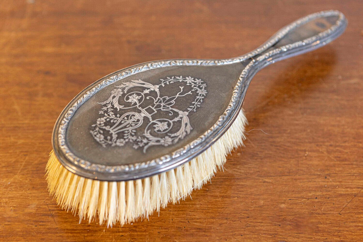 English 19th Century Silver Dressing Table Brush with Lyre and Floral Arabesques - JAA