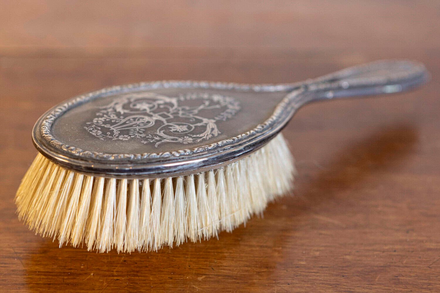 English 19th Century Silver Dressing Table Brush with Lyre and Floral Arabesques - JAA