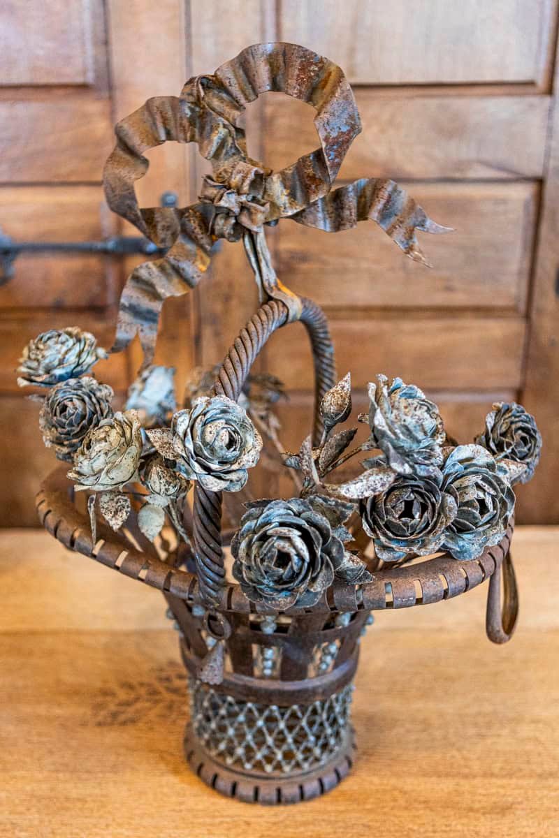 French Wrought Iron 19th Century Rose Basket Ornament with Gray Painted Accents - JAA