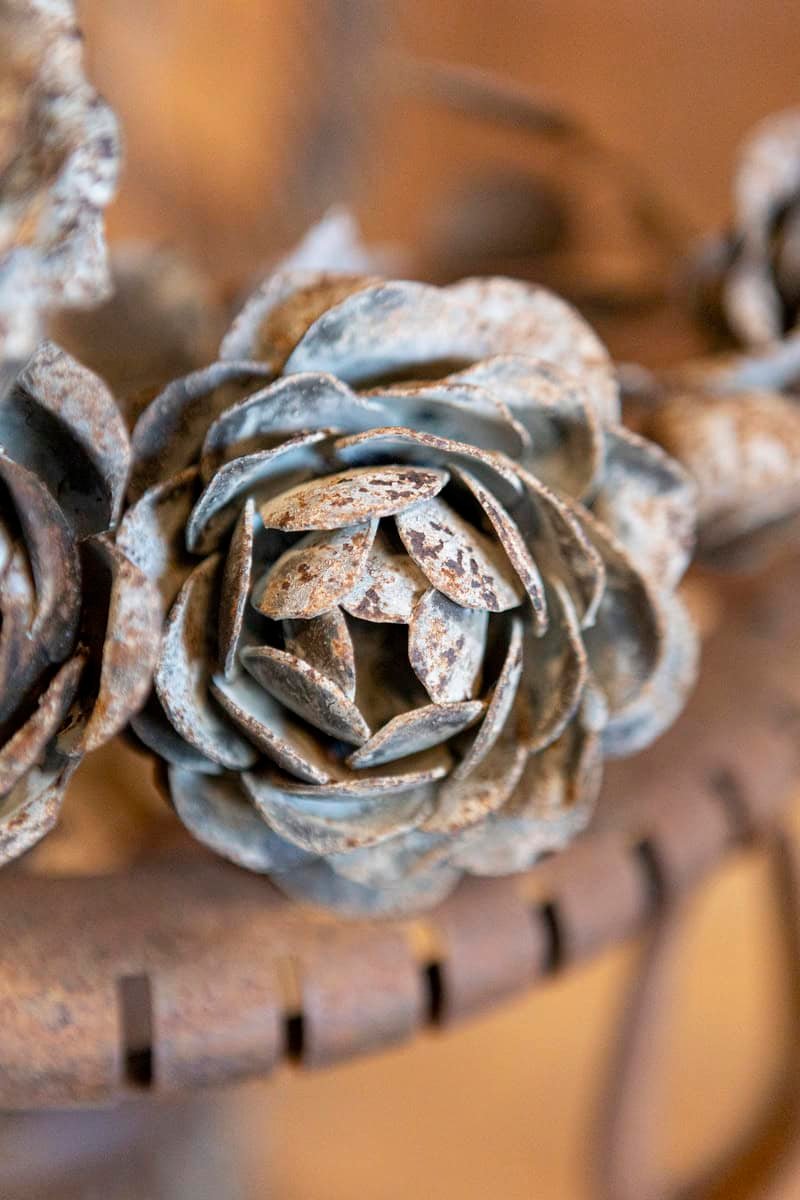 French Wrought Iron 19th Century Rose Basket Ornament with Gray Painted Accents - JAA