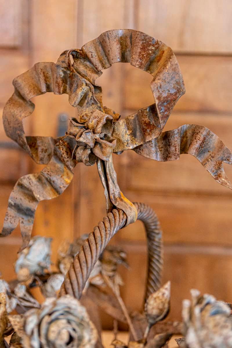 French Wrought Iron 19th Century Rose Basket Ornament with Gray Painted Accents - JAA