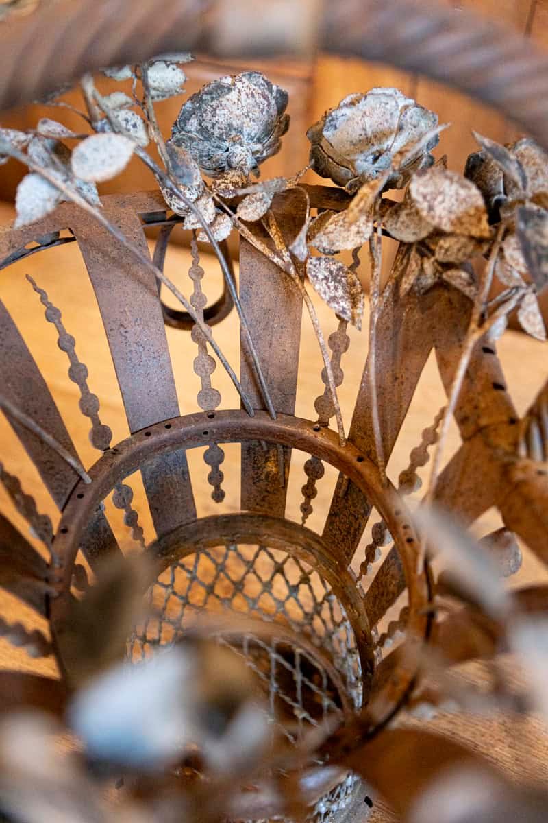 French Wrought Iron 19th Century Rose Basket Ornament with Gray Painted Accents - JAA