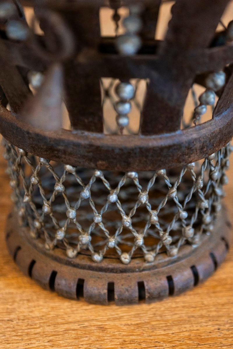 French Wrought Iron 19th Century Rose Basket Ornament with Gray Painted Accents - JAA