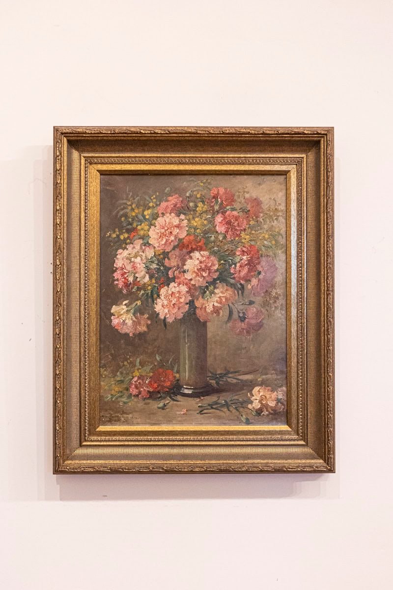 French 19th Century Framed Oil on Canvas Still-Life Painting with Pink Bouquet - JAA